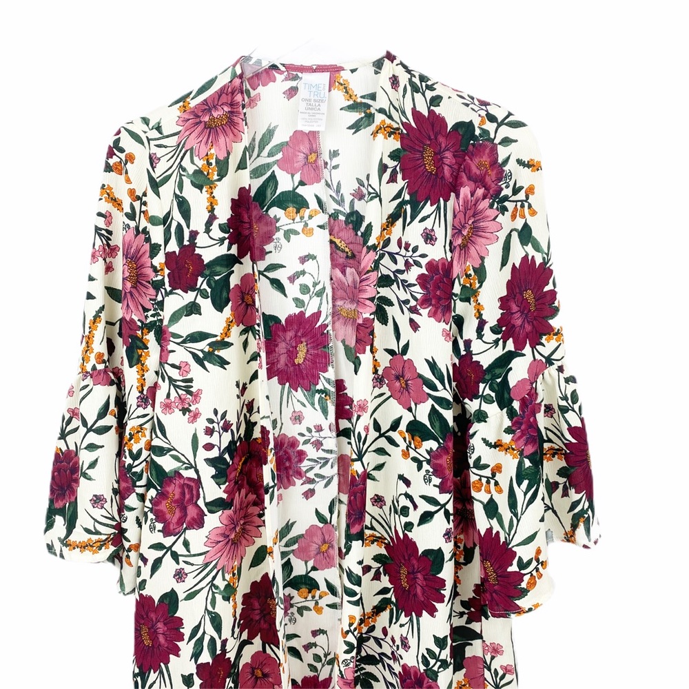 Time & Tru Floral Maroon Kimono Cover Up One Size - Picture 2 of 5